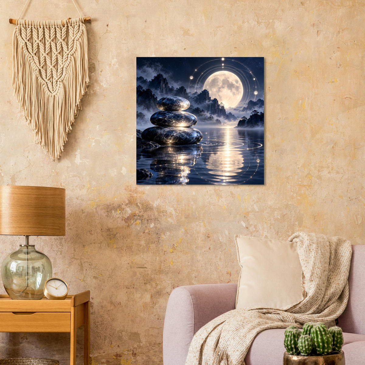 Zen-Poster mit Vollmond, steinernem Stapel und Wasserreflexion