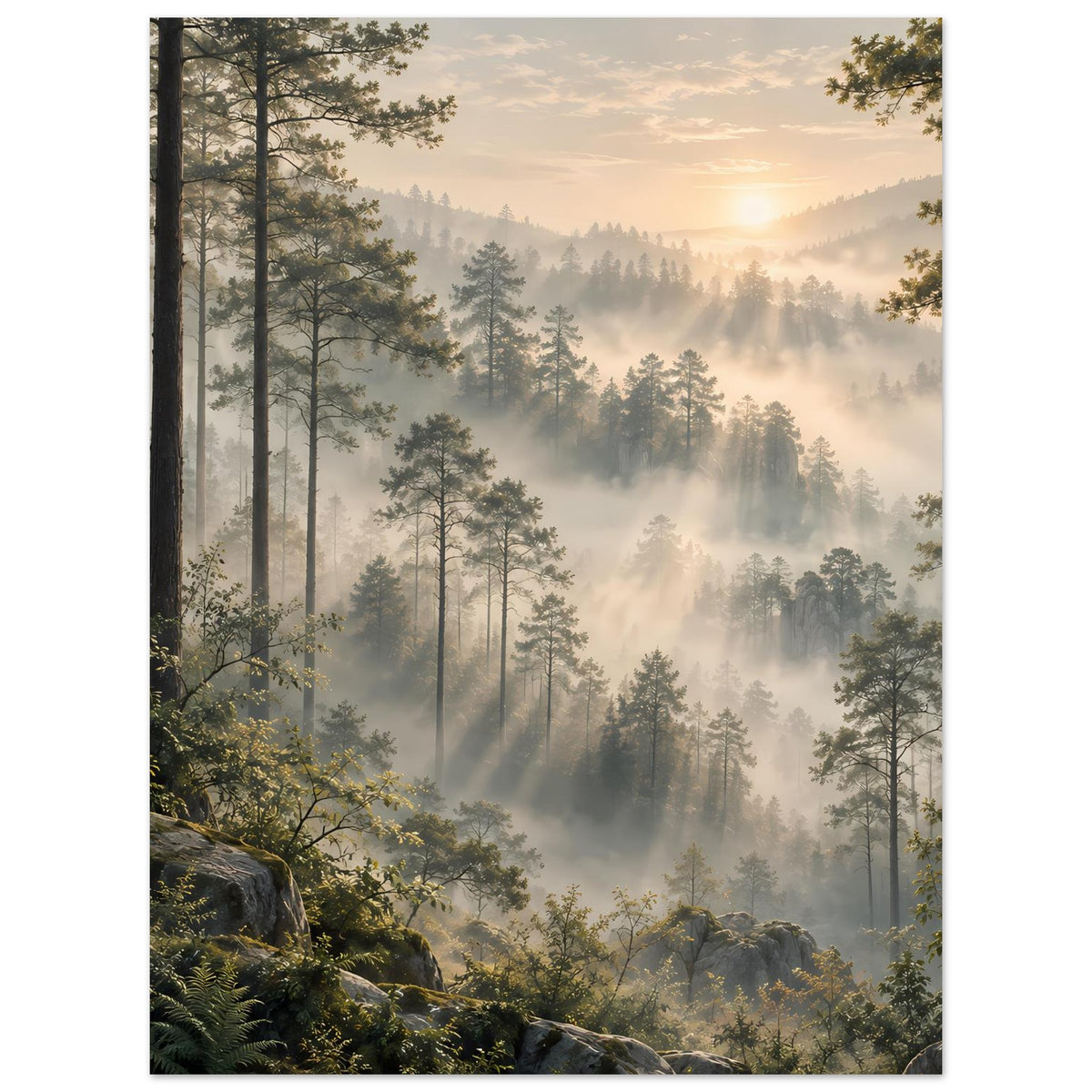 Wandposter im Hochformat: nebliger Wald mit Nadelbäumen, Sonnenaufgang über den Baumwipfeln