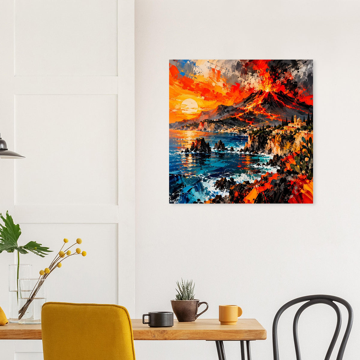 Quadratisches Poster mit Vulkanausbruch: orange-rote Explosion, schwarze Asche und blaue Wellen