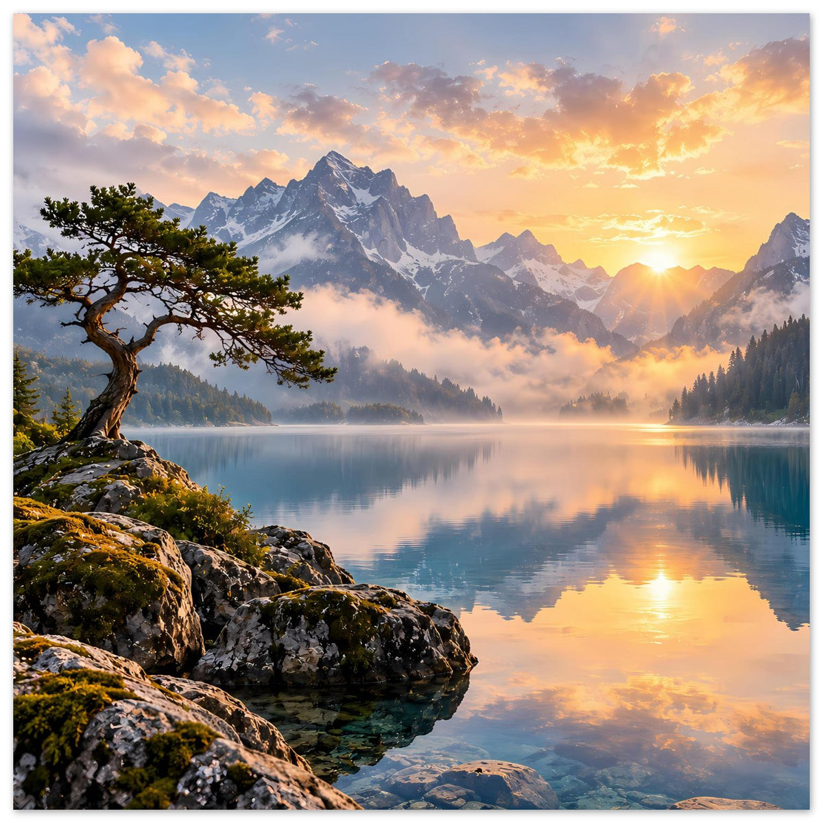 Poster mit Sonnenaufgang über Bergmassiv, See und spiegelnder Lichtreflexion, quadratisch