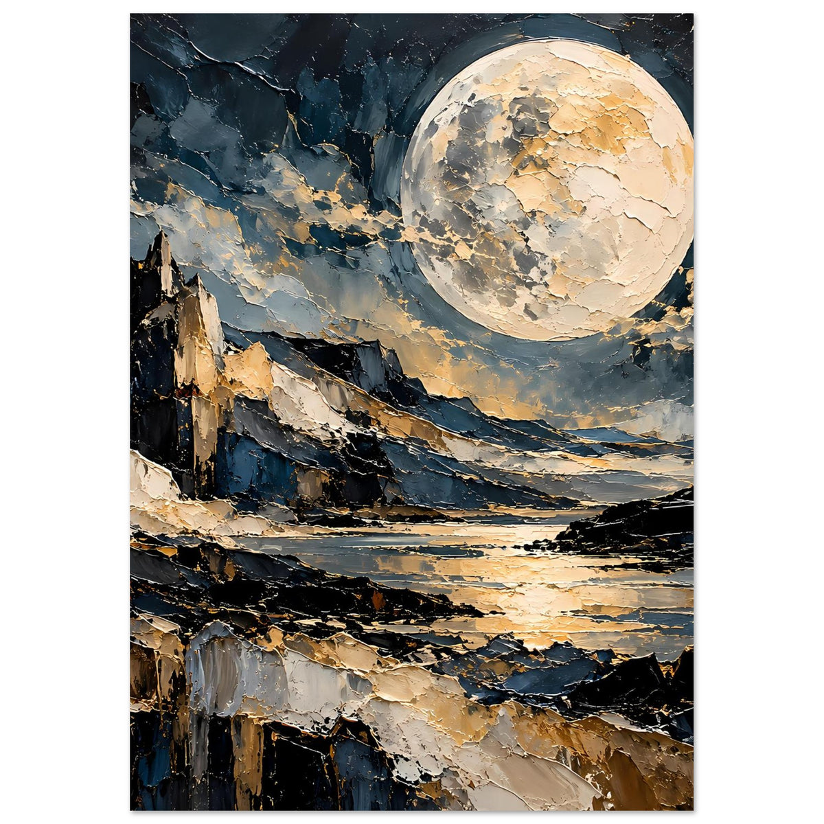 Mondschein-Poster im Hochformat: goldener Vollmond über dunkler Küste und Wasserfläche