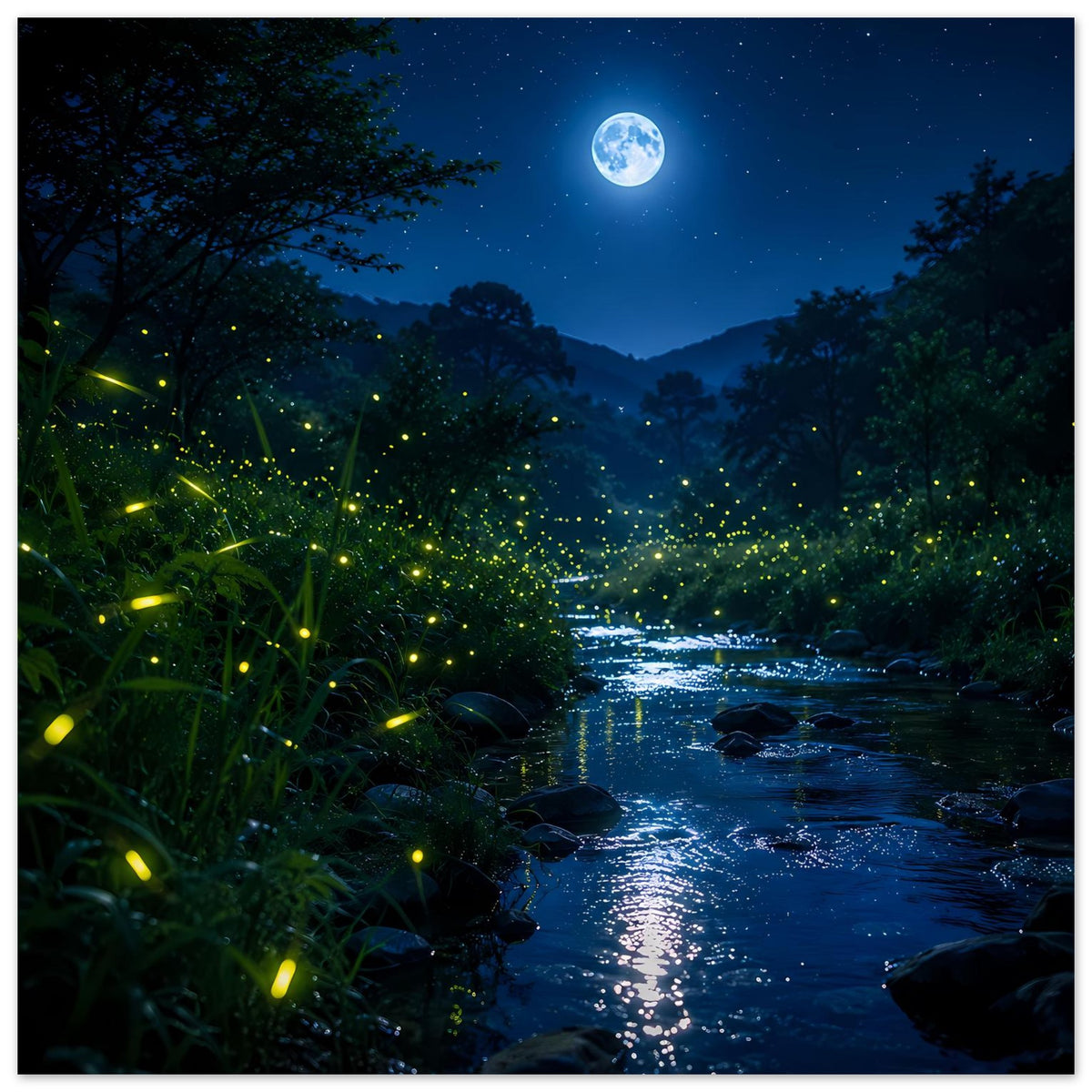 Poster: Mondlicht-Fluss im Wald mit leuchtenden Glühwürmchen und hellem Vollmond