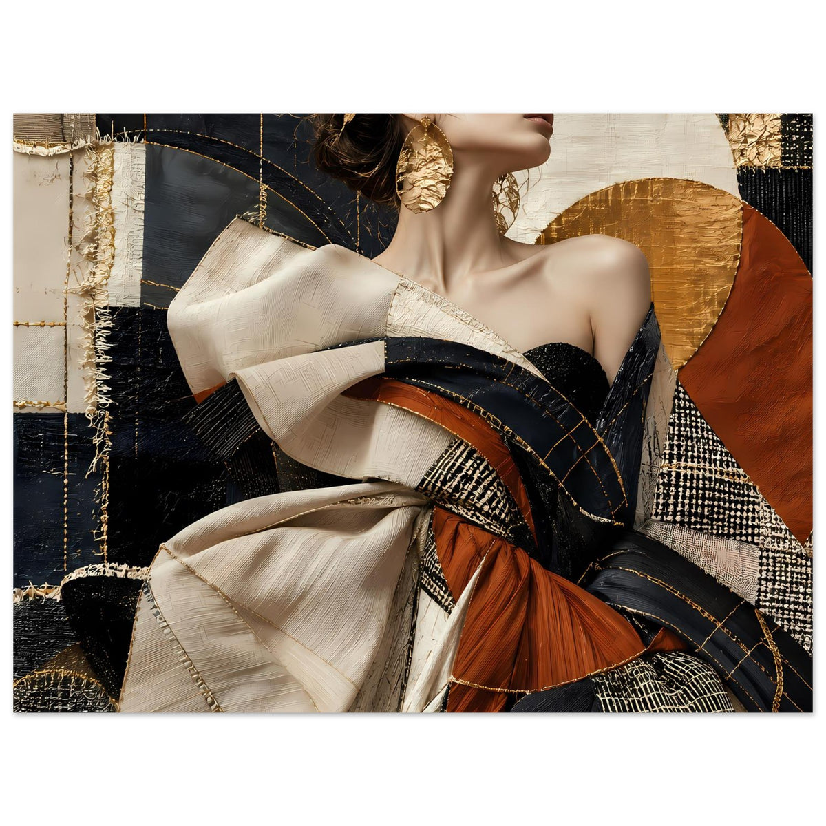 Poster mit abstraktem Göttinnenmotiv: goldene Ornamente, Terracotta-Details, beiges Tuch