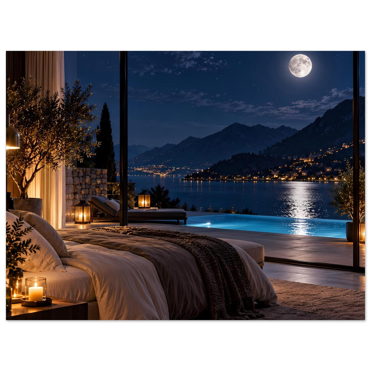 Poster mit Schlafzimmeransicht bei Nacht: Bett vor Fenster, Mond über Bergen und Wasser