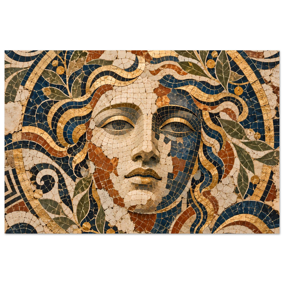 Poster im Querformat mit Mosaik-Göttinnenmotiv, Antlitz und wogendes Haar