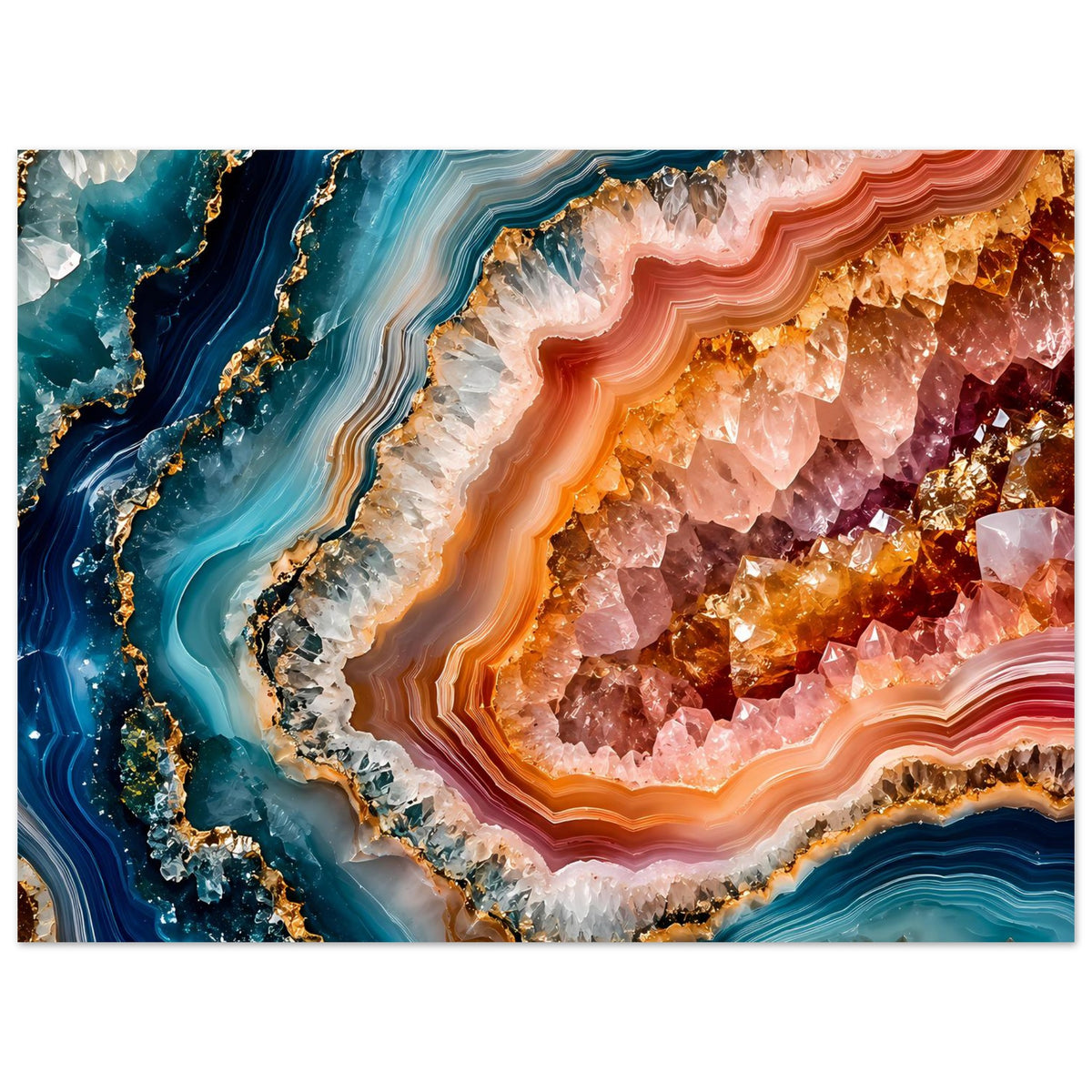 Poster mit Geoden-Kristallkunst: orangefarbenes Zentrum, blau-weiße Schichten