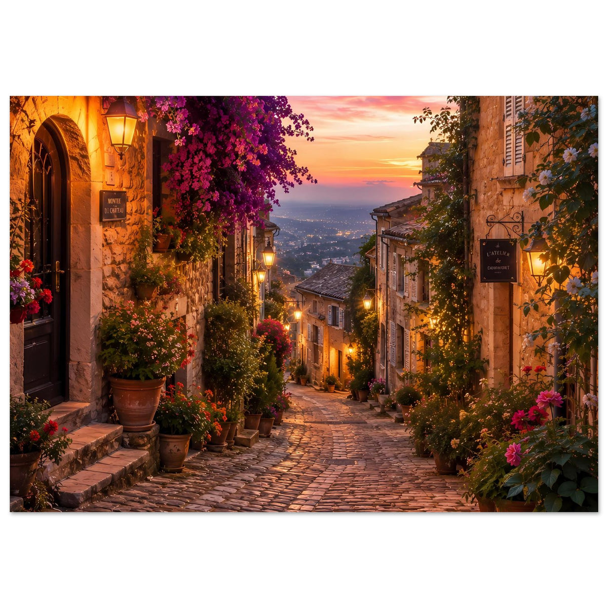 Wandposter Querformat: romantische Altstadtgasse mit lila Blüten, Laternen und Abendrot