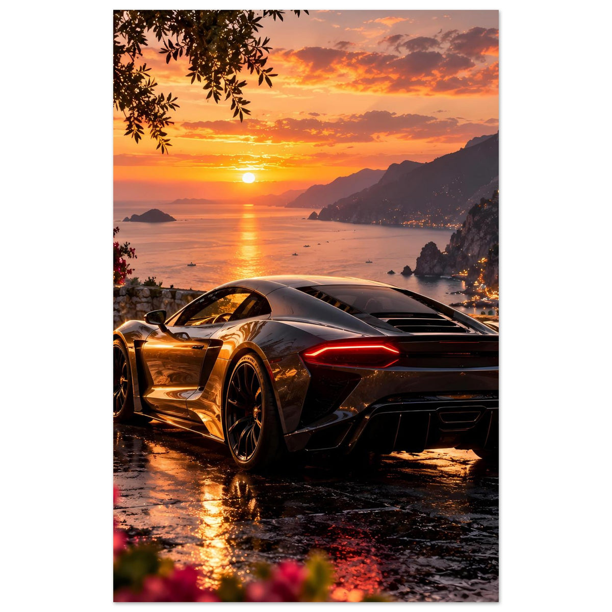 Luxus-Sportwagen-Sonnenuntergangs-Poster, Hochformat: Sportwagenfront auf nasser Straße am Meer