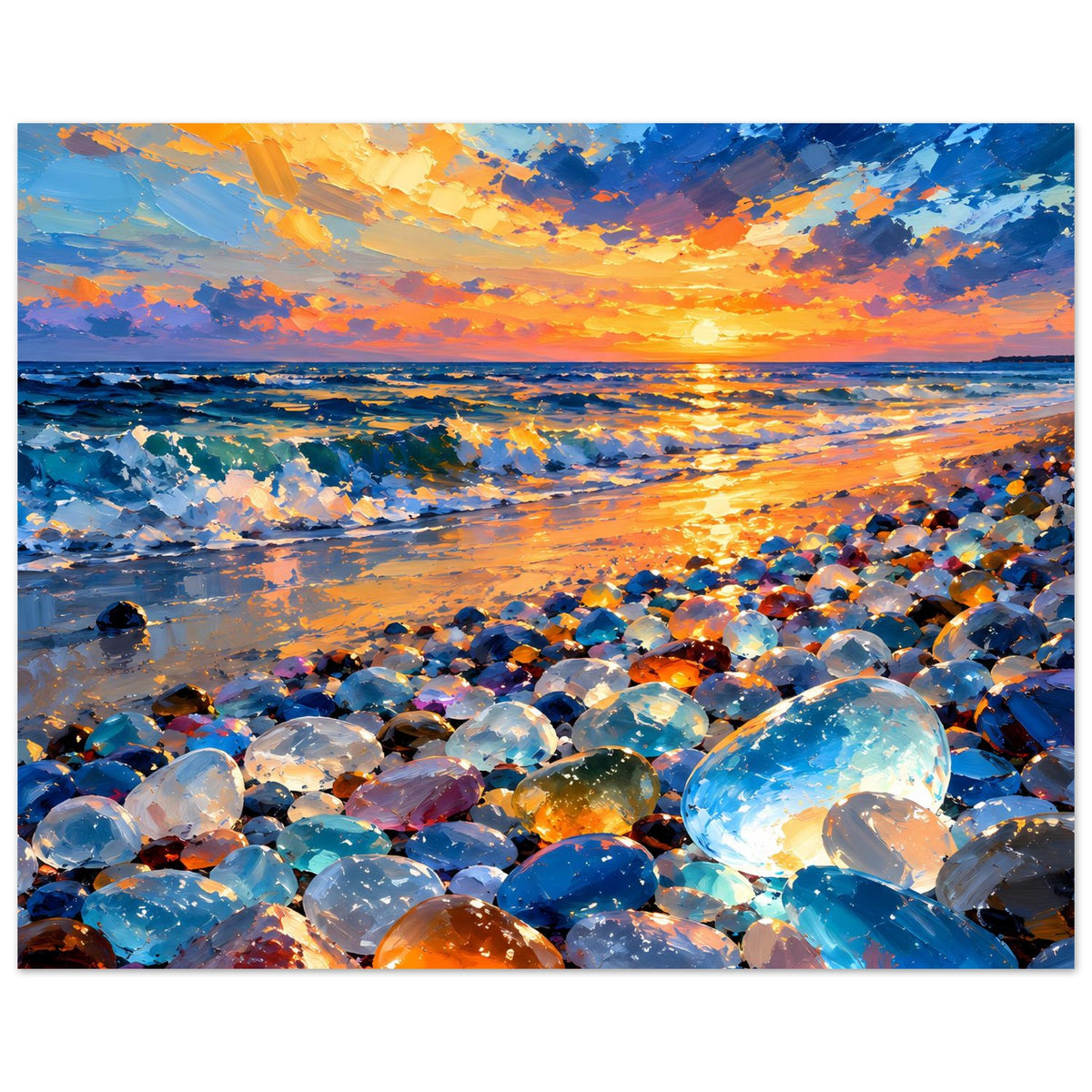 Meer-Poster (quer) mit Sonnenuntergang über dem Meer und dichtem Kieselstrand