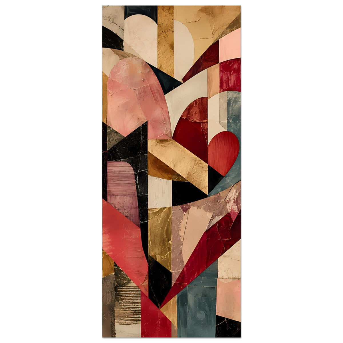 Vertikales Herzposter mit abstraktem Patchwork in Rot, Beige und Dunkelblau, mit Rahmen