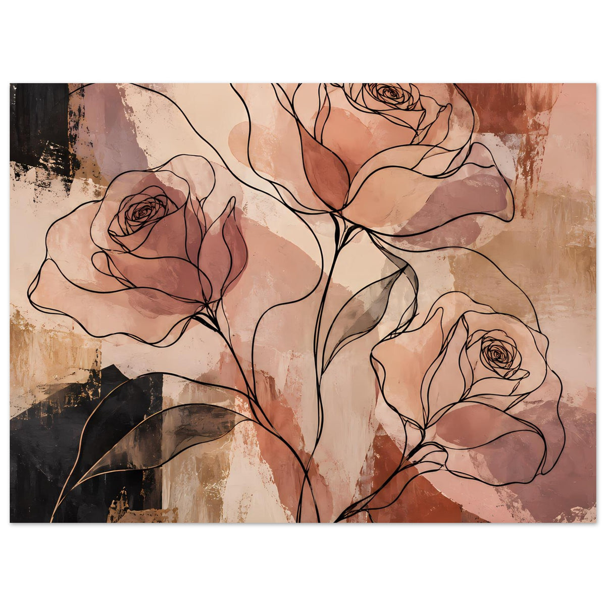 Poster mit drei Rosen in Linienkunst, Terrakotta und Erdtönen, schwarze Konturen