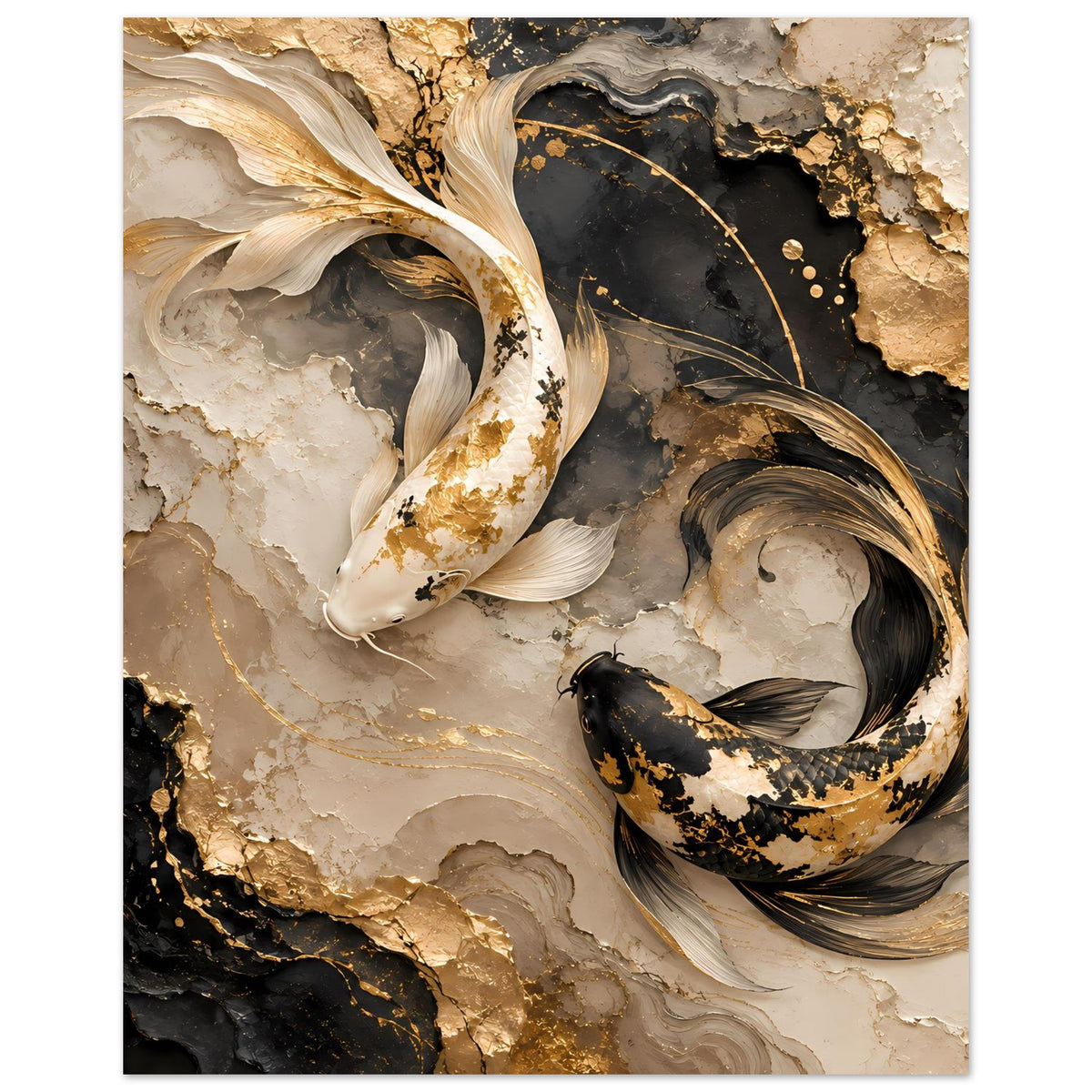 Kunstposter mit gold-schwarzen Koi-Fischen auf beigem Marmor und dunklen Bereichen