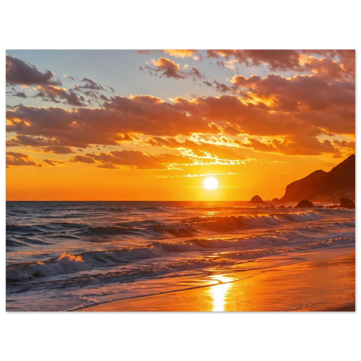 Hochformat-Poster mit Sonnenuntergang am Strand: orange Wolken, Sonne über dem Meer, reflektierende Uferlinie.