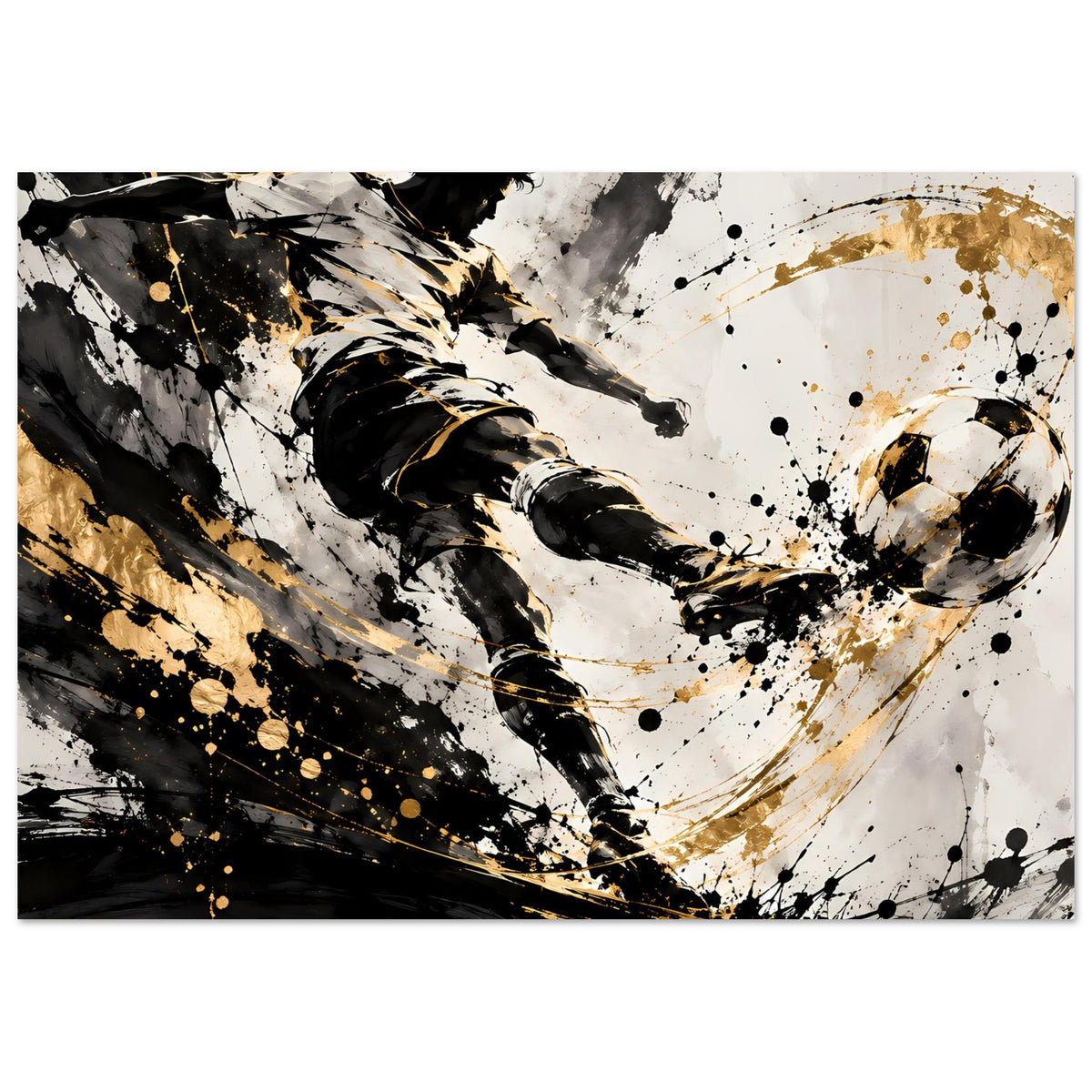 Fußballspieler-Poster, Nahansicht: Schussfigur mit Schwarz-Gold-Spritztechnik und Pinselstrichen