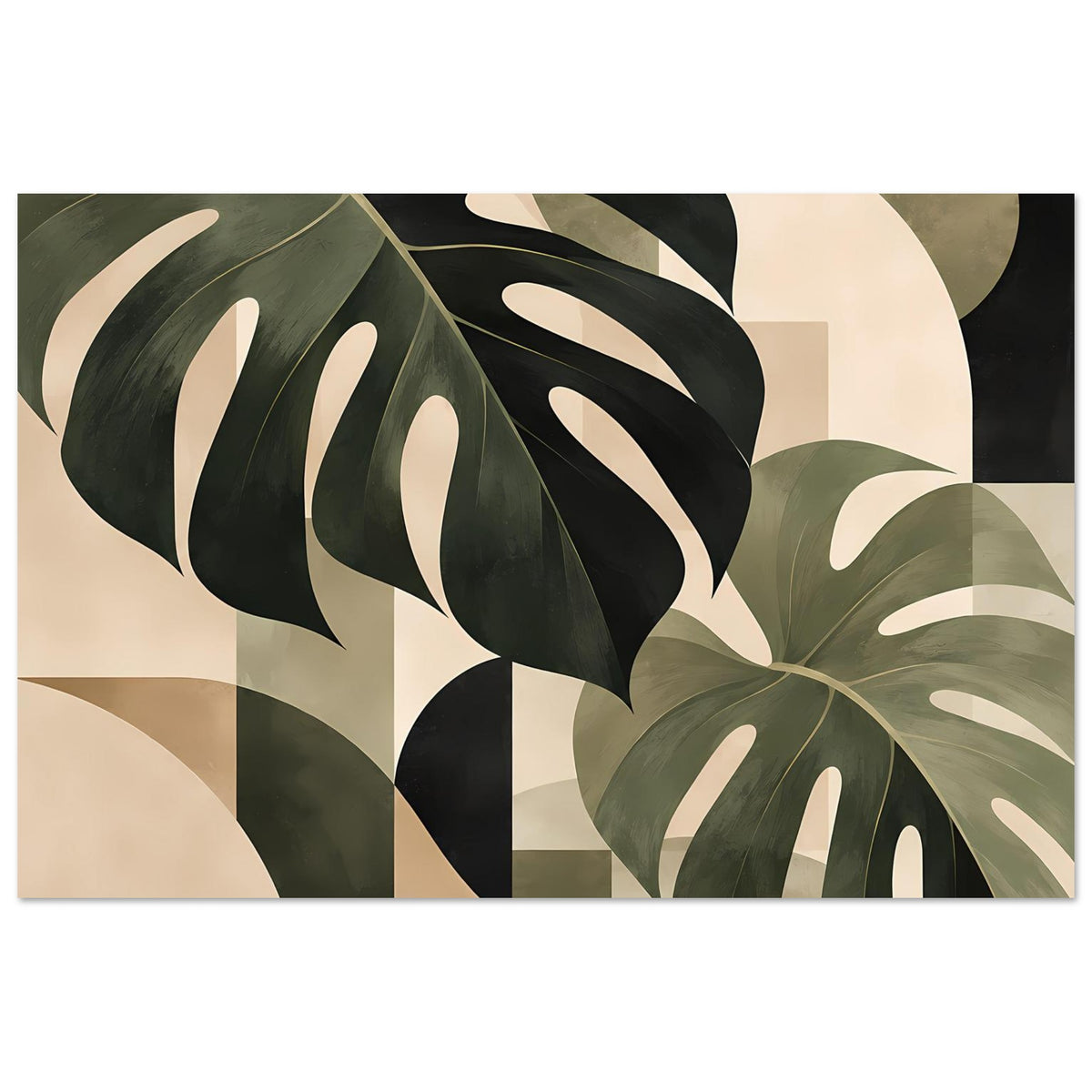 Poster mit Monstera-Blättern im Blatt-Motiv, salbeigrün, dunkelgrün, beige und cremefarben