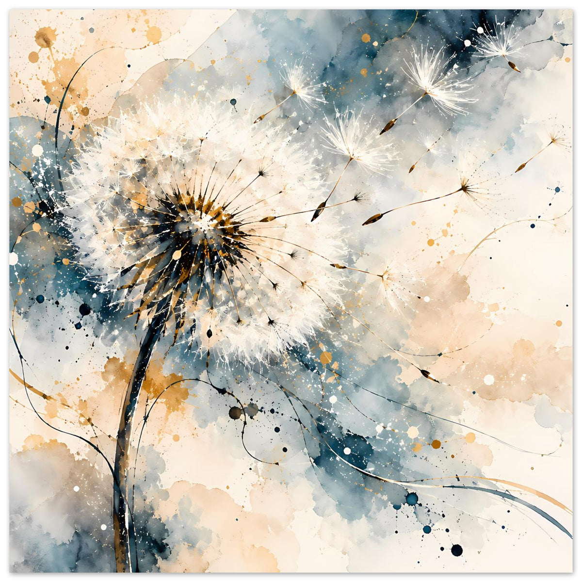 Kunstposter mit Pusteblume und mehreren Samenhäuptern, Blau- und Goldspritzoptik
