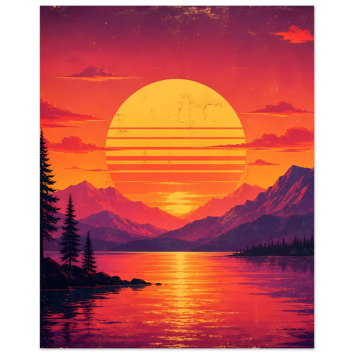 Poster mit Bergsee-Szene: gelbe Sonne, horizontale Streifen, Berge, Tannen, orange-violett.