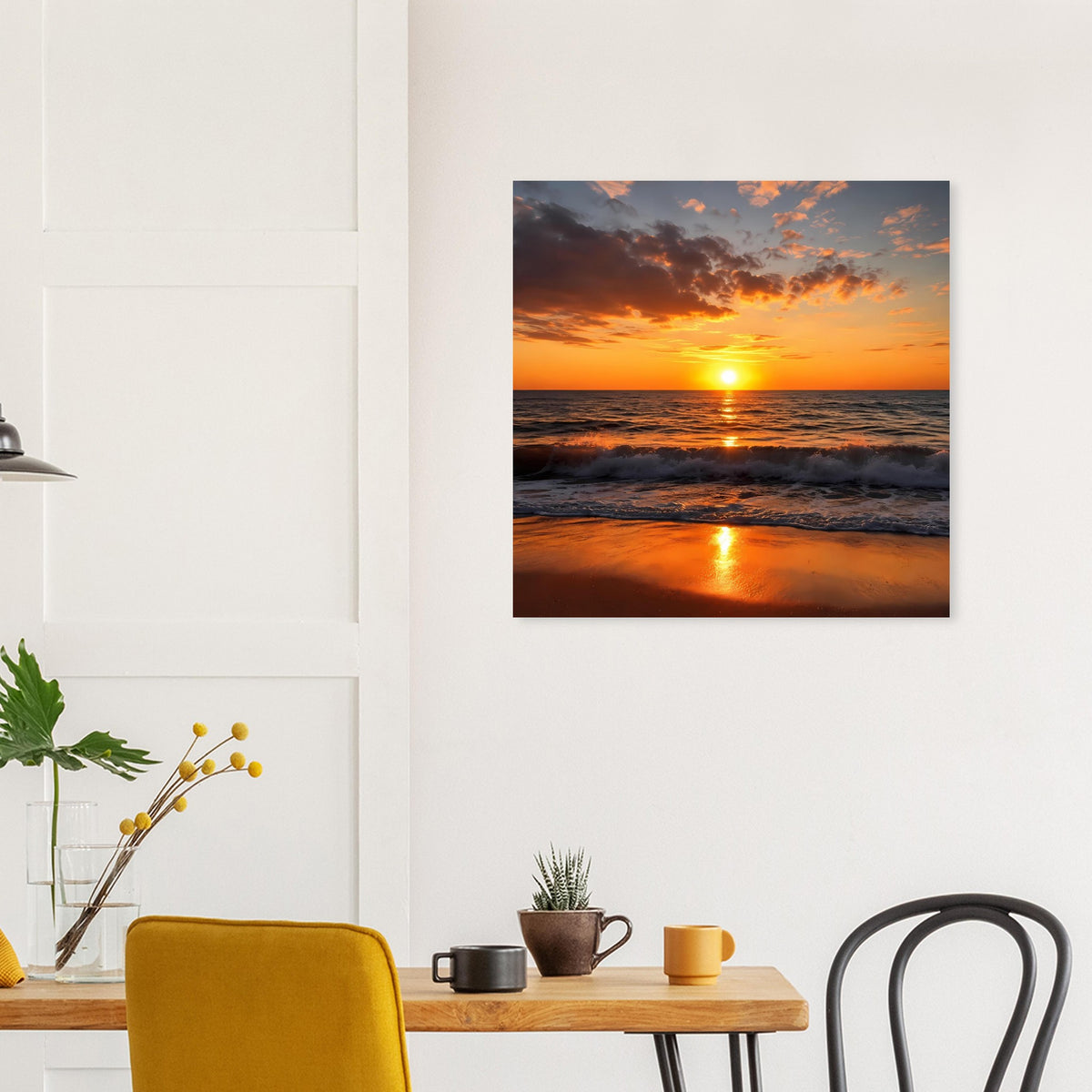Poster mit Sonnenuntergang über Meer, orange Wolken und klare Lichtspur auf dem Wasser
