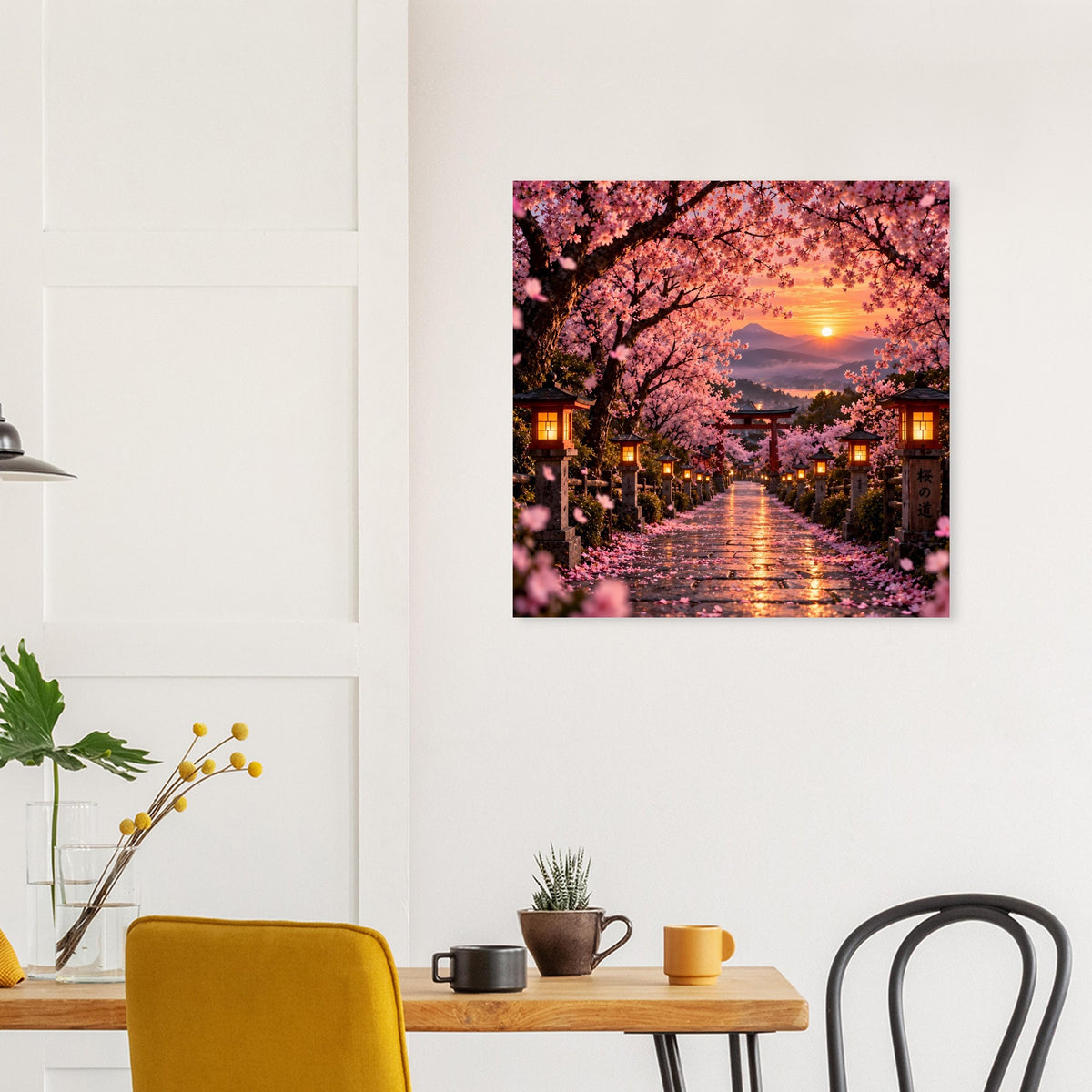 Wandposter mit Kirschblütenstraße, warmem Sonnenuntergang und Lichtern an den Häusern