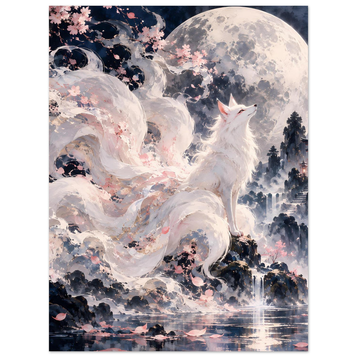 Fantasy-Poster im Hochformat: weißer Fuchs vor Vollmond, Kirschblüten und Wasserreflexen