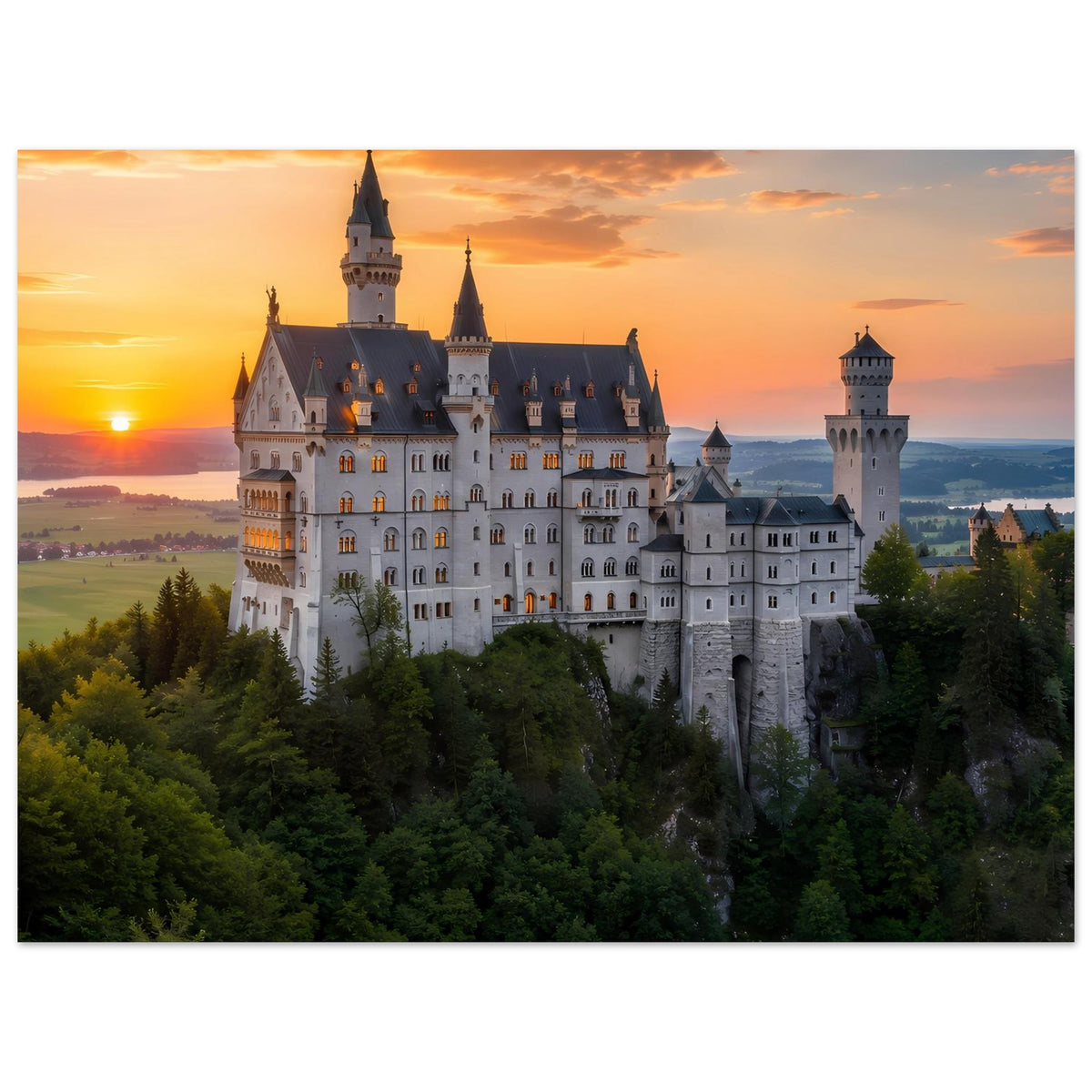 Poster im Querformat: Schloss mit Türmen über Waldlandschaft bei Sonnenuntergang