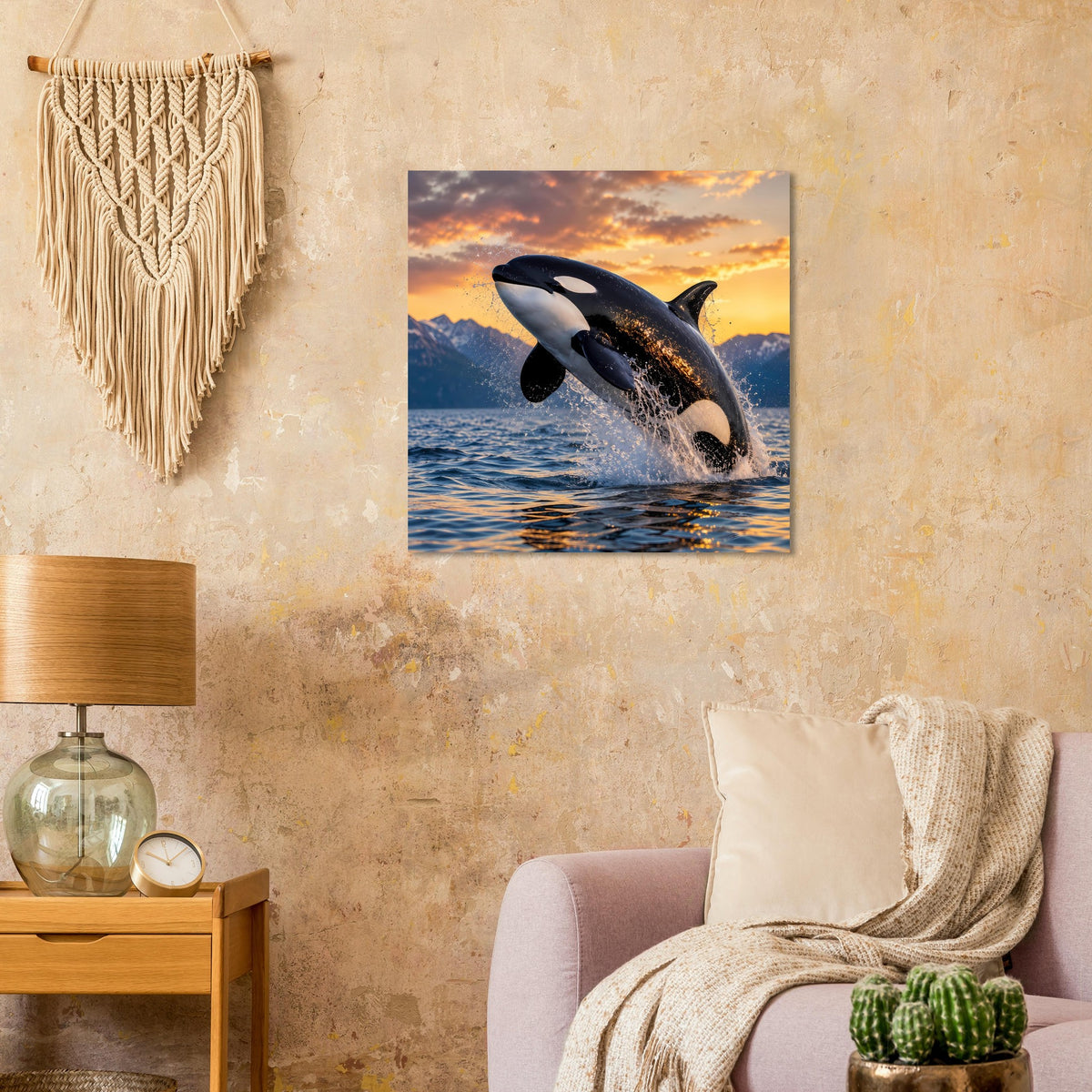 Quadratisches Orca-Sprung-Poster mit springendem Wal und orangefarbenem Himmel