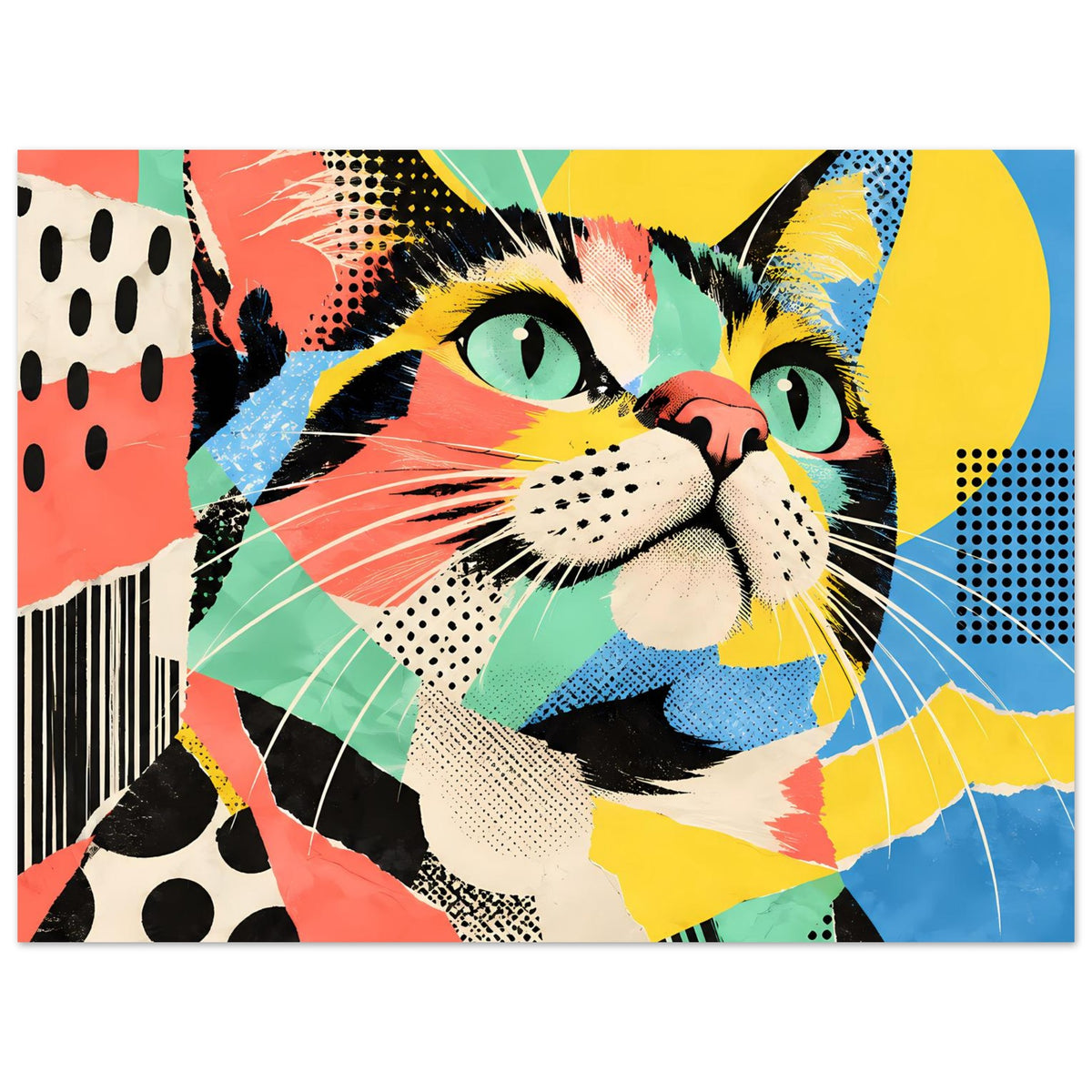 Pop-Art-Katzenposter, horizontales Motiv: Katzengesicht in Schwarz-Weiß mit buntem Pop-Art-Stil