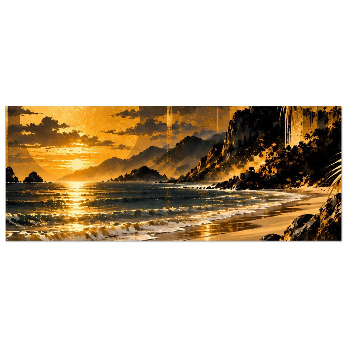 Horizontales Poster mit goldener Strandlandschaft, Wellen und Palmen