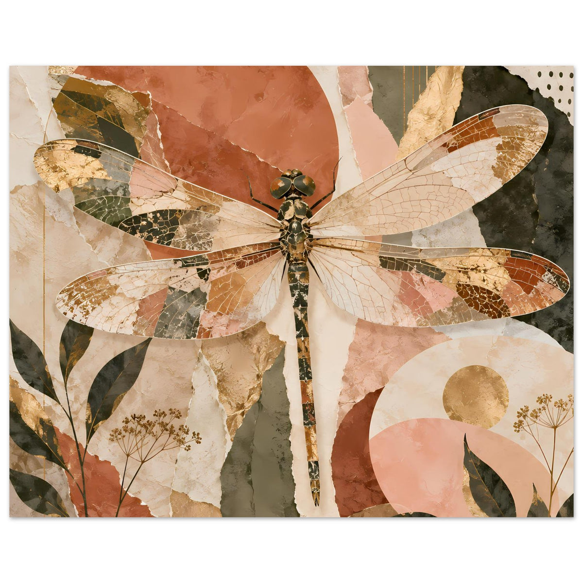 Boho-Drachenfliegenposter im Querformat mit Libellen-Collage in warmen Erdtönen.