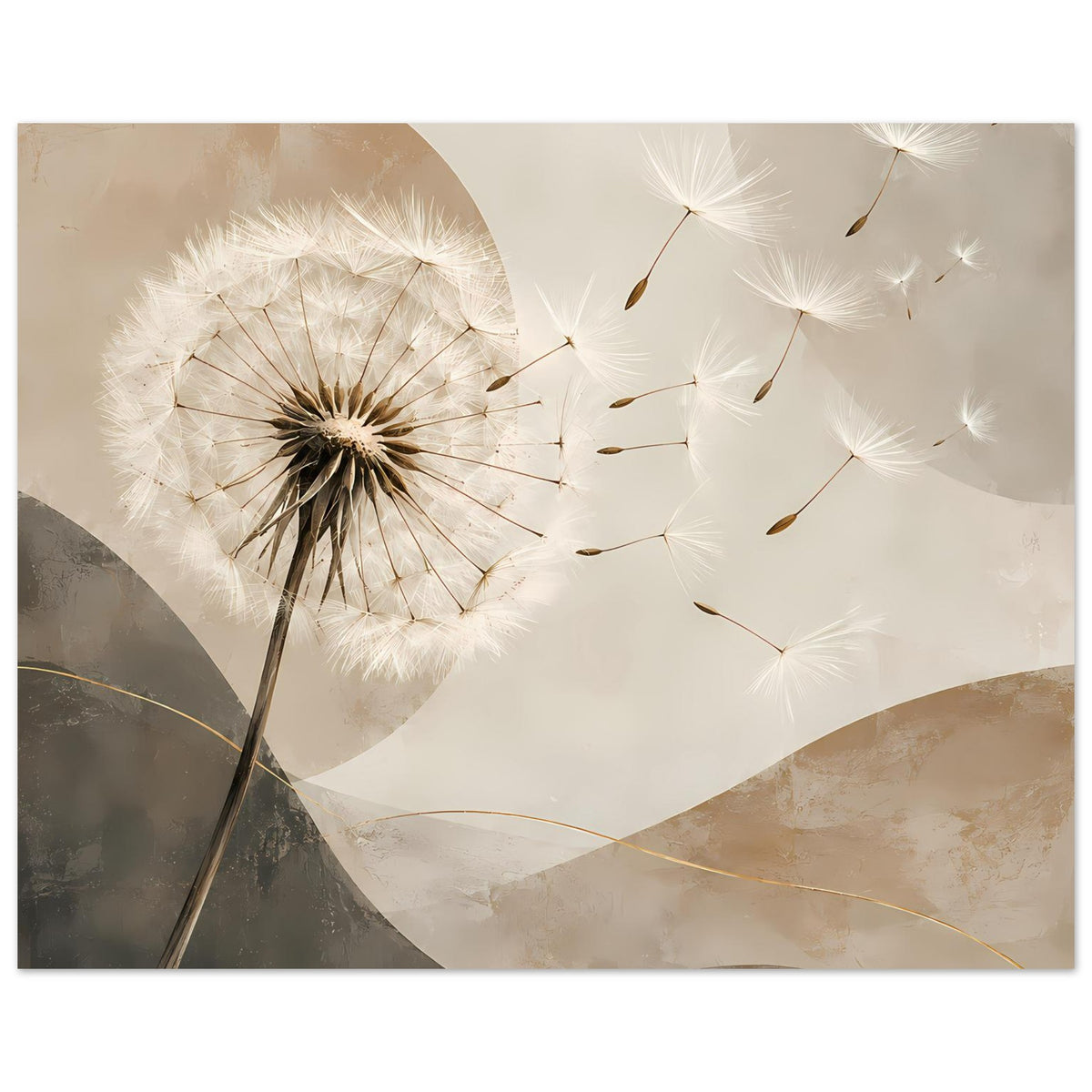 Poster mit Pusteblume links und feinen weißen Samenflocken rechts, Beige- und Grautöne