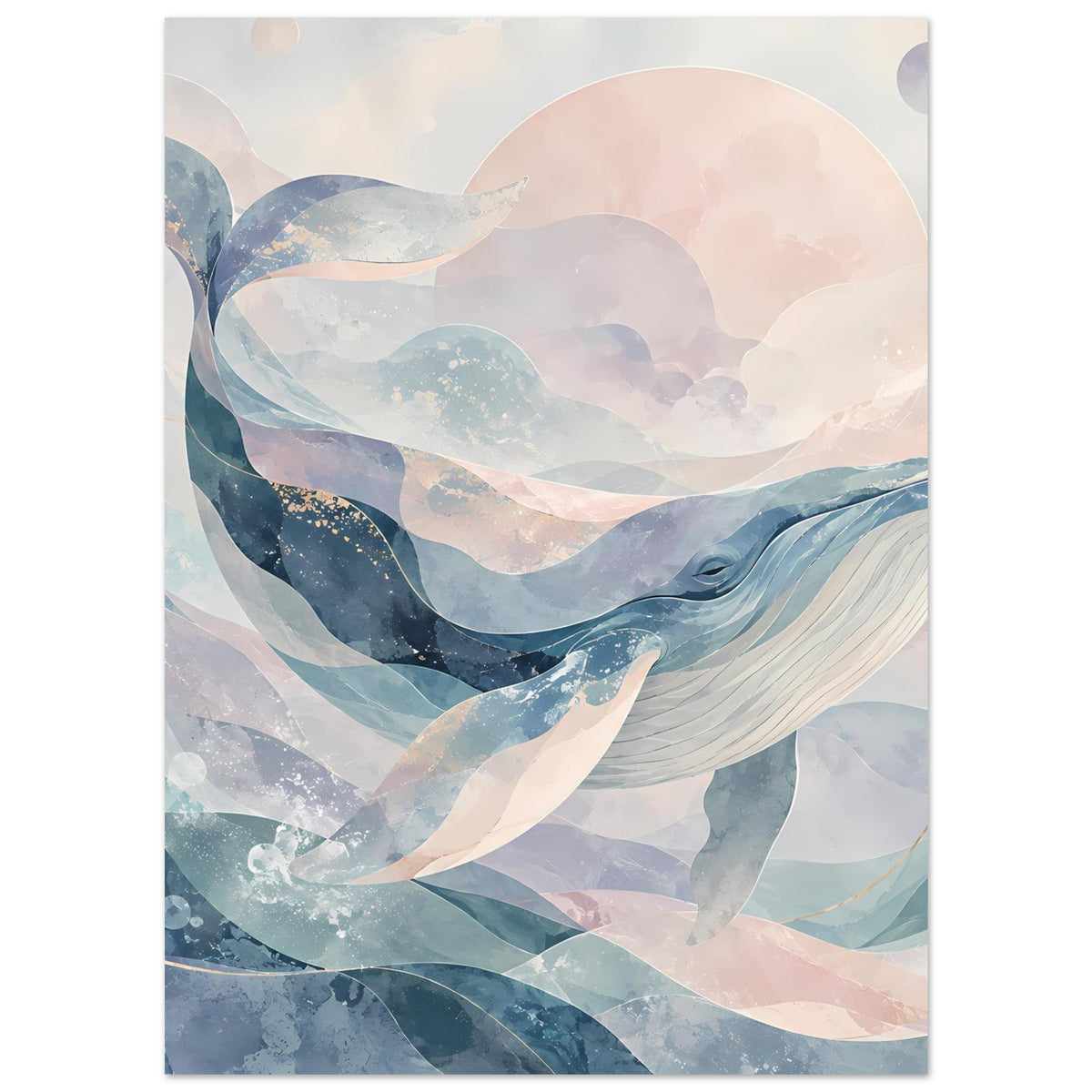 Wal-Kunstposter im Hochformat mit verspielten Linien und Wal-Motiven in Blau-Rosa
