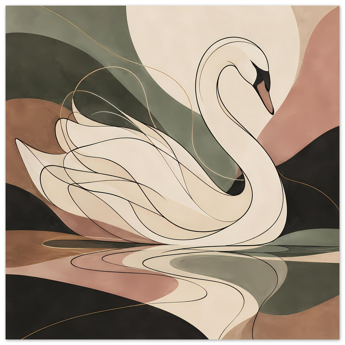 Minimalistisches Poster mit weißem Schwan und geschwungenen Linien in Naturtönen