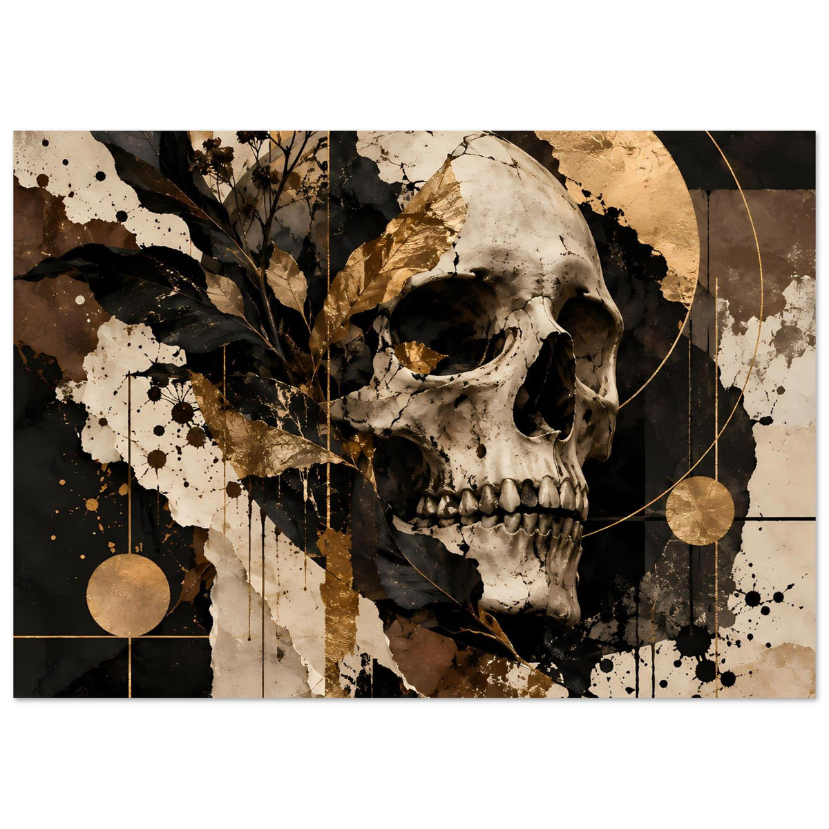 Kunstposter mit Totenschädel in Schwarz, Weiß und Gold, goldene Kreise und Kreiselemente
