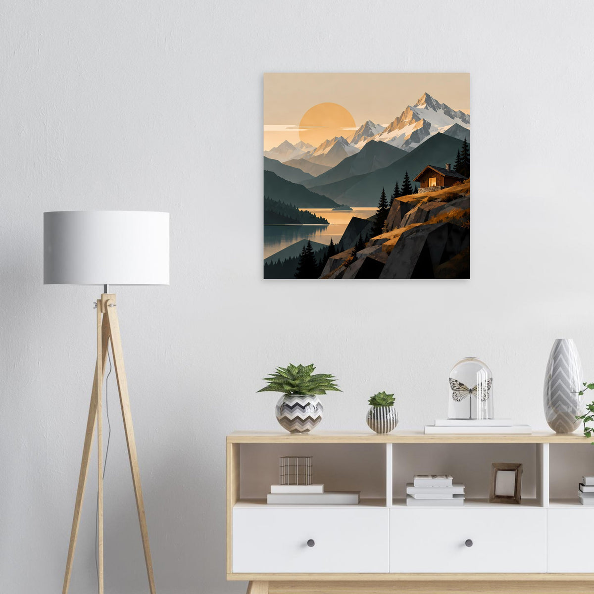 Quadratisches Poster mit Alpenlandschaft, See, Bergen und Hütte bei Sonnenuntergang