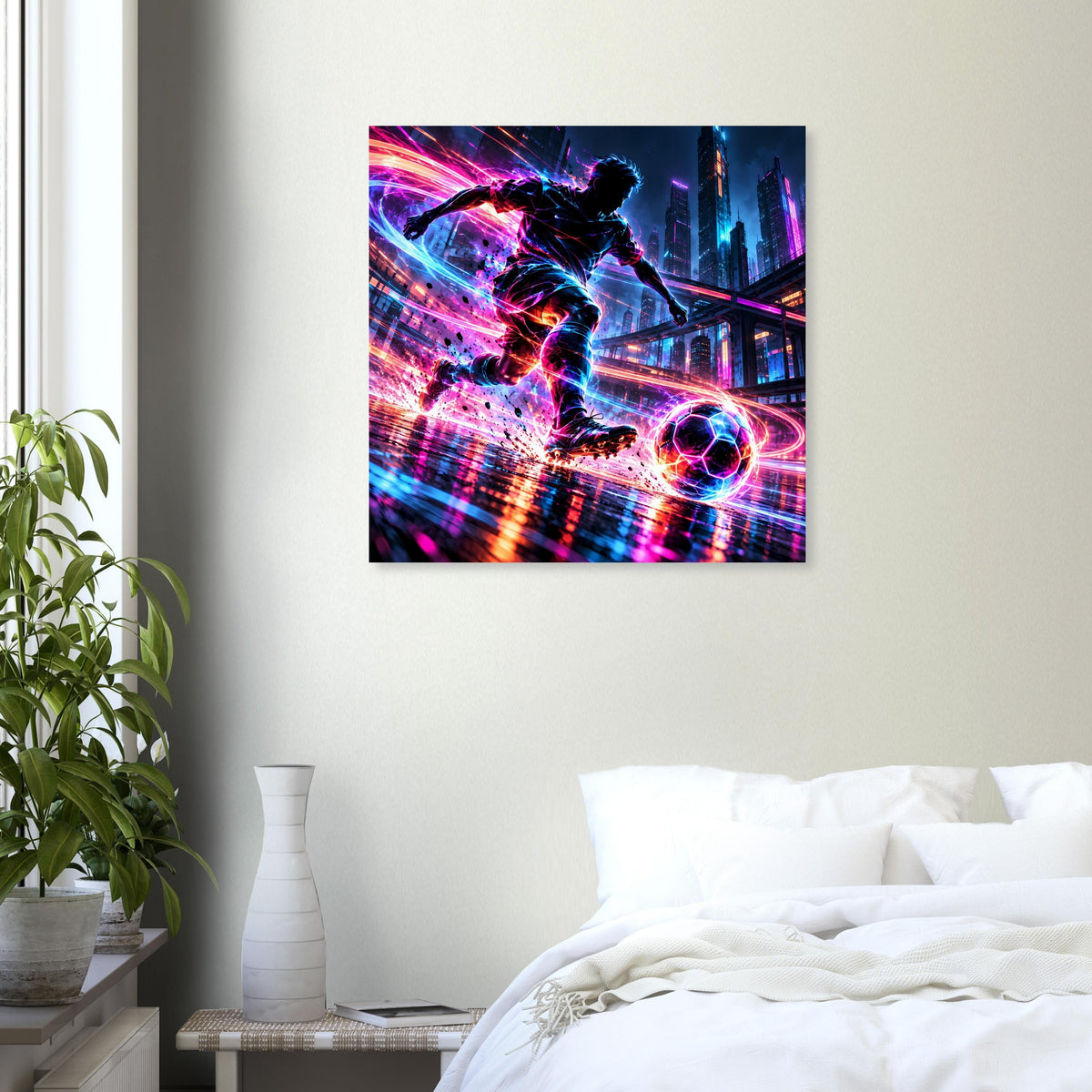 Quadratisches Neon-Soccer-Actionposter mit leuchtenden Farbschleifen und Fußballspieler