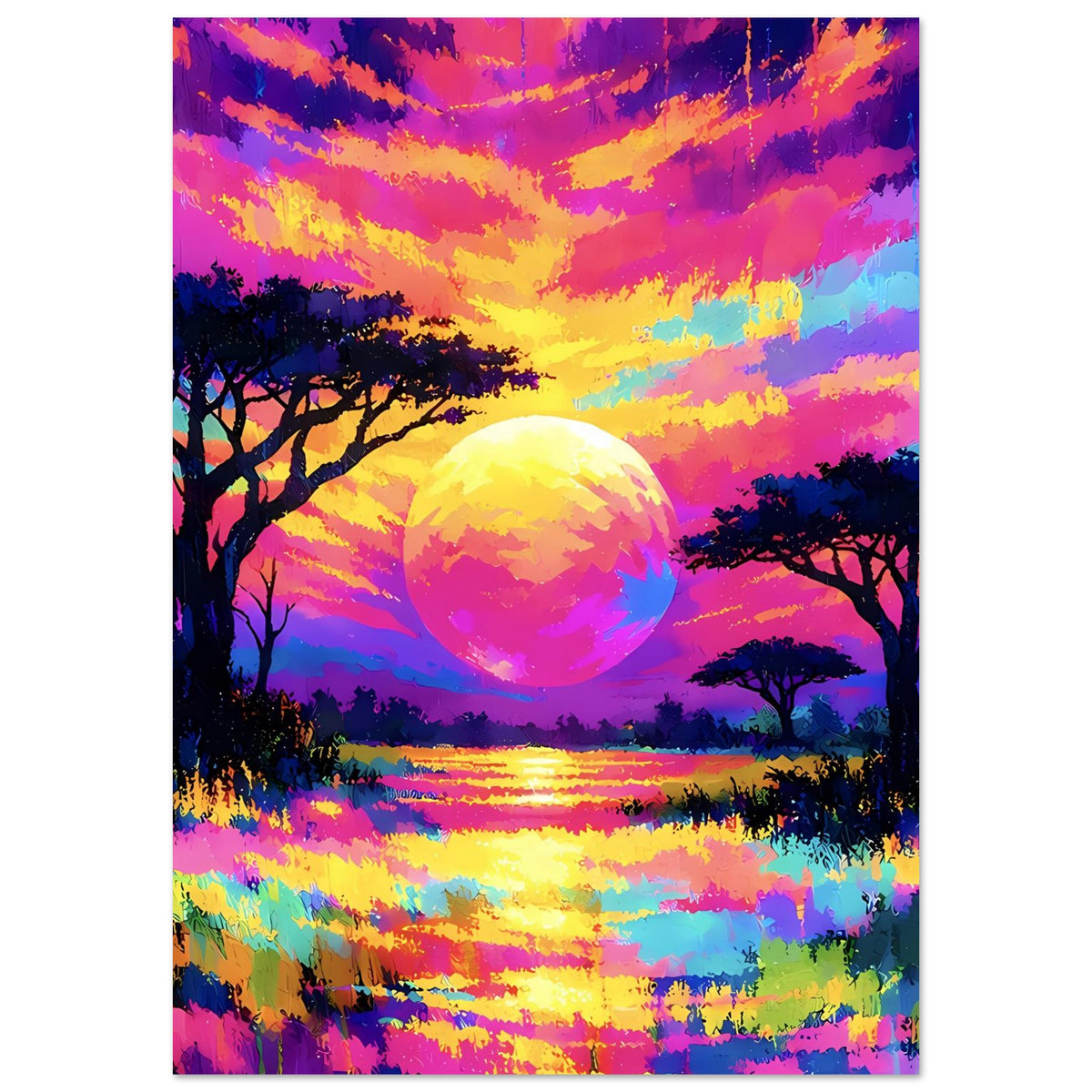 Neonfarbenes Sonnenuntergangs-Poster mit großem Lichtkreis über See und Baumsilhouetten