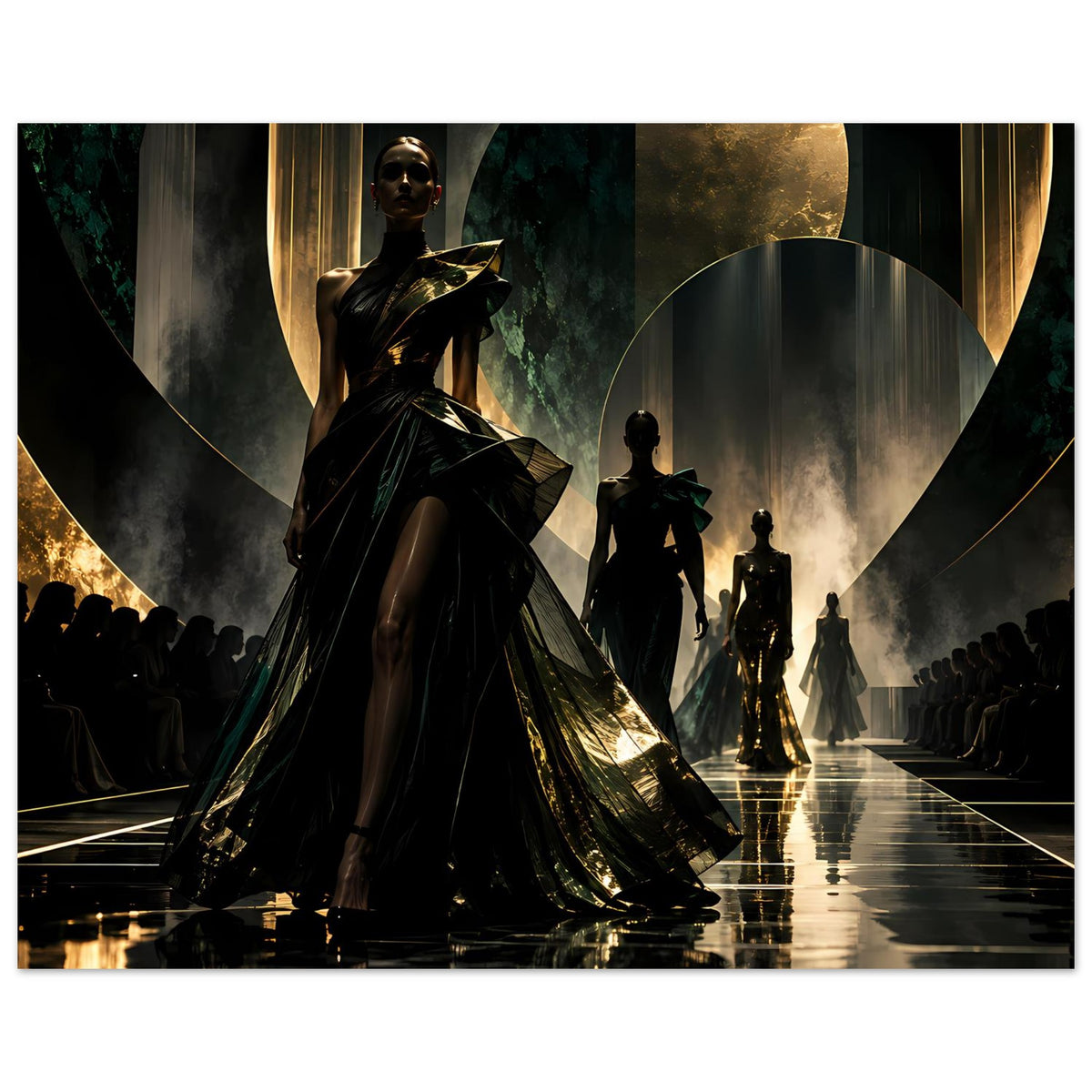 Poster mit zentraler Modell-Silhouette: dunkles, gold schimmerndes Kleid, mehrere Gestalten im Hintergrund.