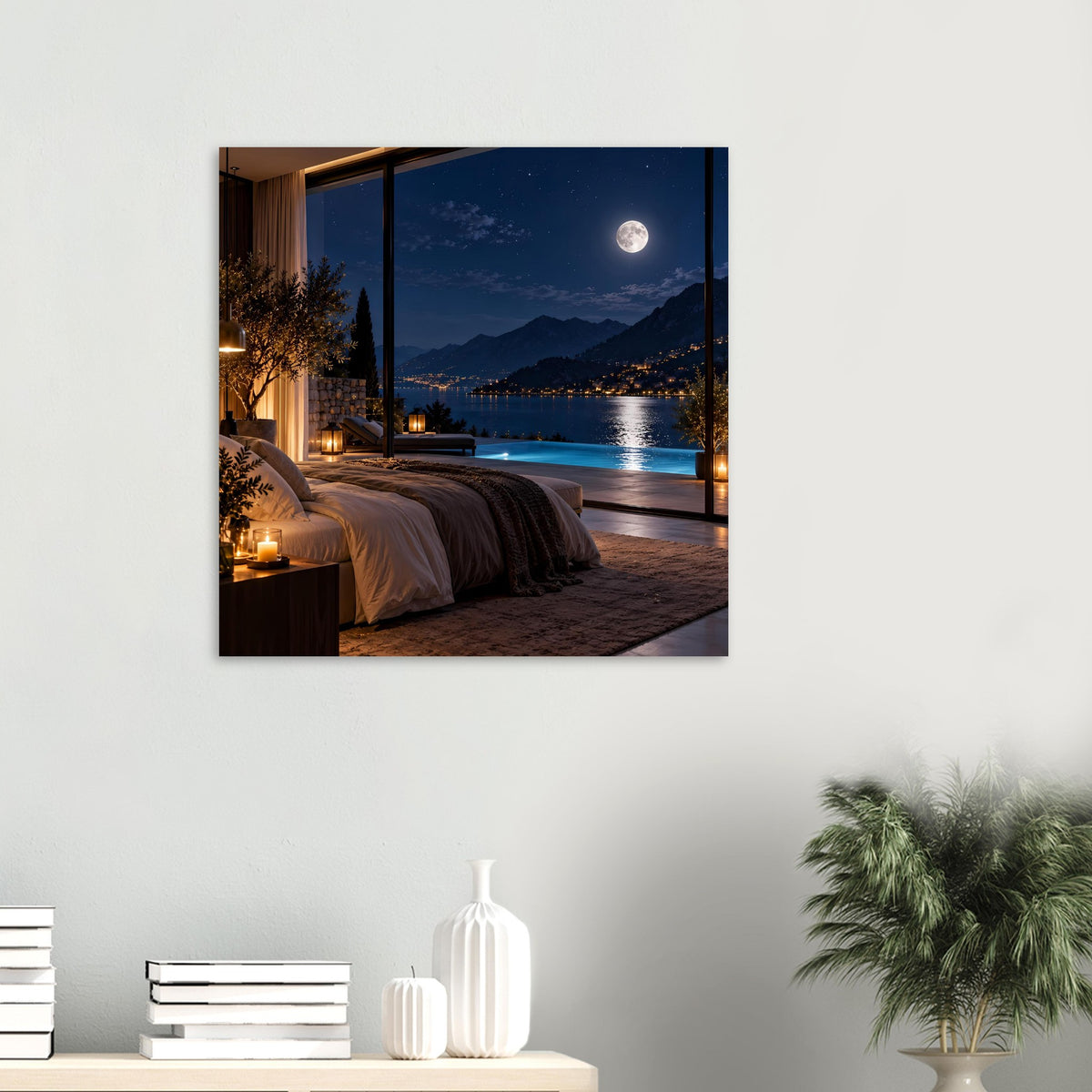 Poster mit Nachtblick: Mond über See, offene Fensterfront und beleuchtete Terrasse