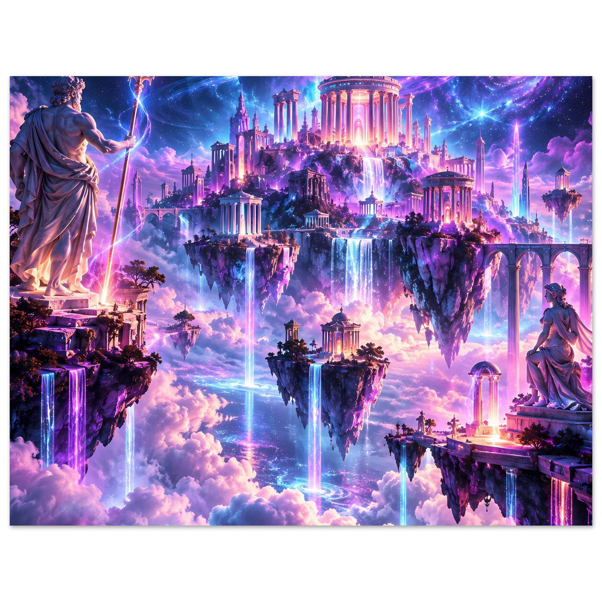 Fantasy-Poster mit schwebenden Inseln, großem Tempelkomplex, funkelnden Wasserfällen und Lichtring