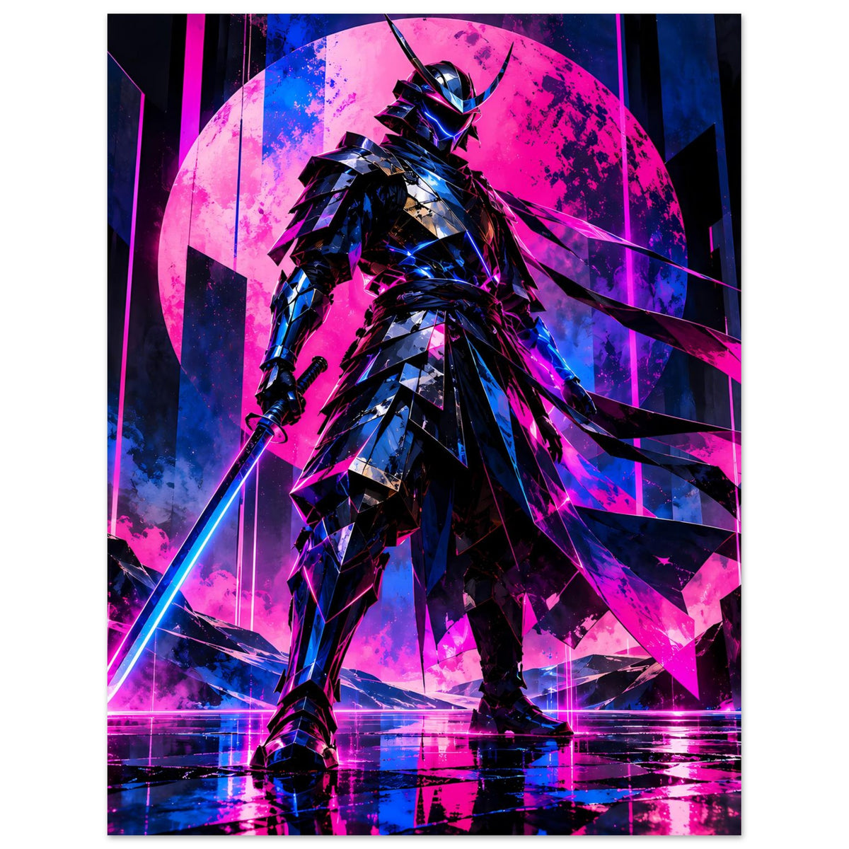 Neon-Samurai Poster: nahere Ansicht des Cyberpunk-Kriegers mit Neon-Details in Pink und Blau