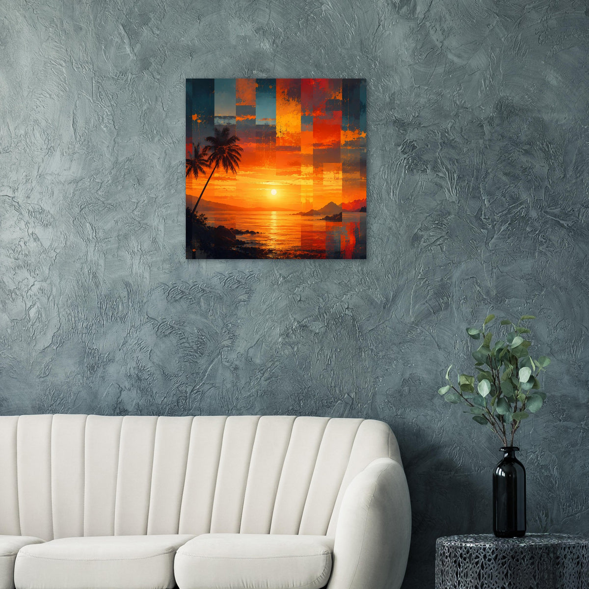 Quadratisches Kunstposter mit tropischem Sonnenuntergang, Sonne über dem Ozean und dunkel-blauem Rahmen