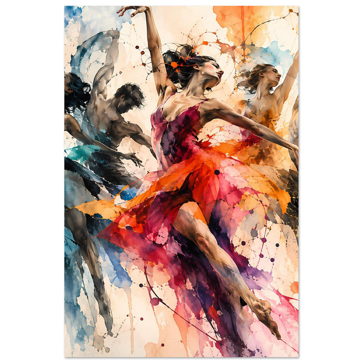 Vertikales Tanzkunst-Poster mit abstrakter Tänzerin, orange-rotes Kleid, orange-blaue Farben