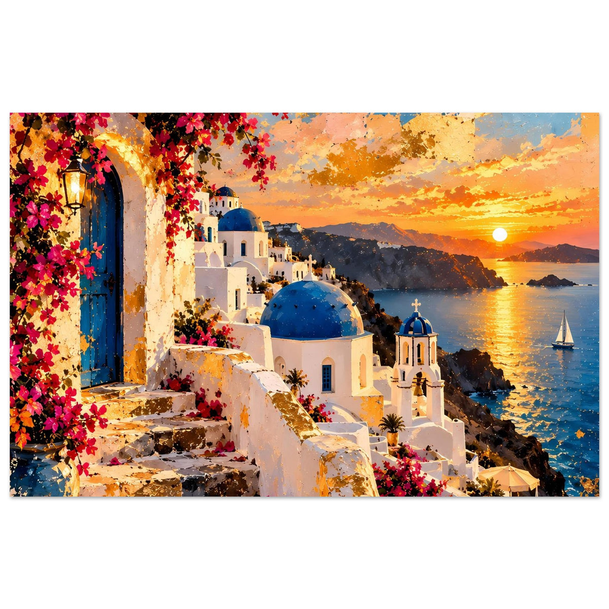 Poster Santorini im Format: Treppenweg, weiße Häuser, blaue Kuppel, Meer und orange Sonne