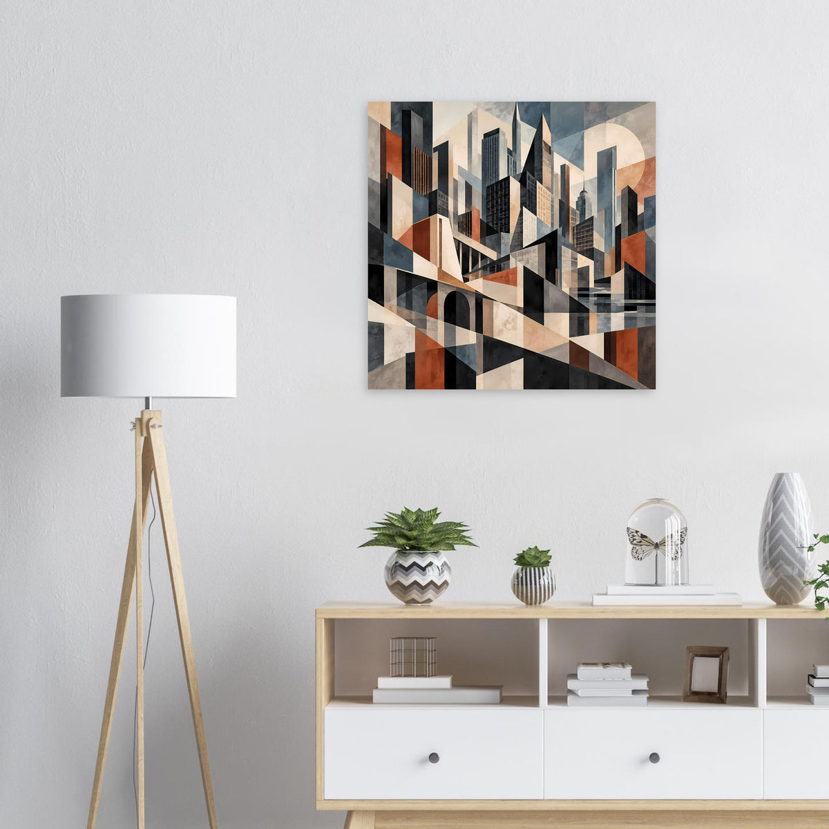 Architekturposter mit geometrischer Stadtsilhouette in Erdtönen und Blau