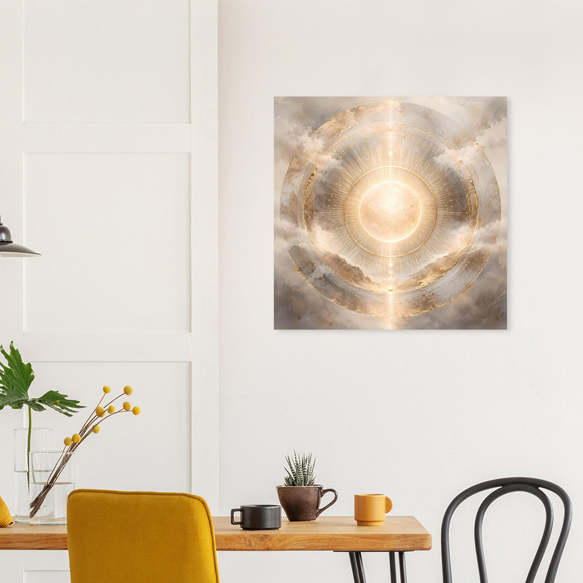 Quadratisches Kosmos-Poster mit zentraler Sonne, goldenen Ringen und feinen Strahlen