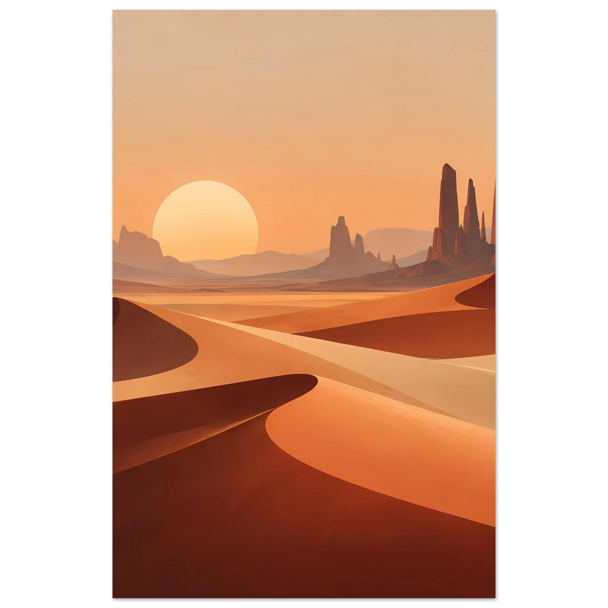 Poster mit Wüstenlandschaft: große gelbe Sonne, Sanddünen und Felsformationen in Orange