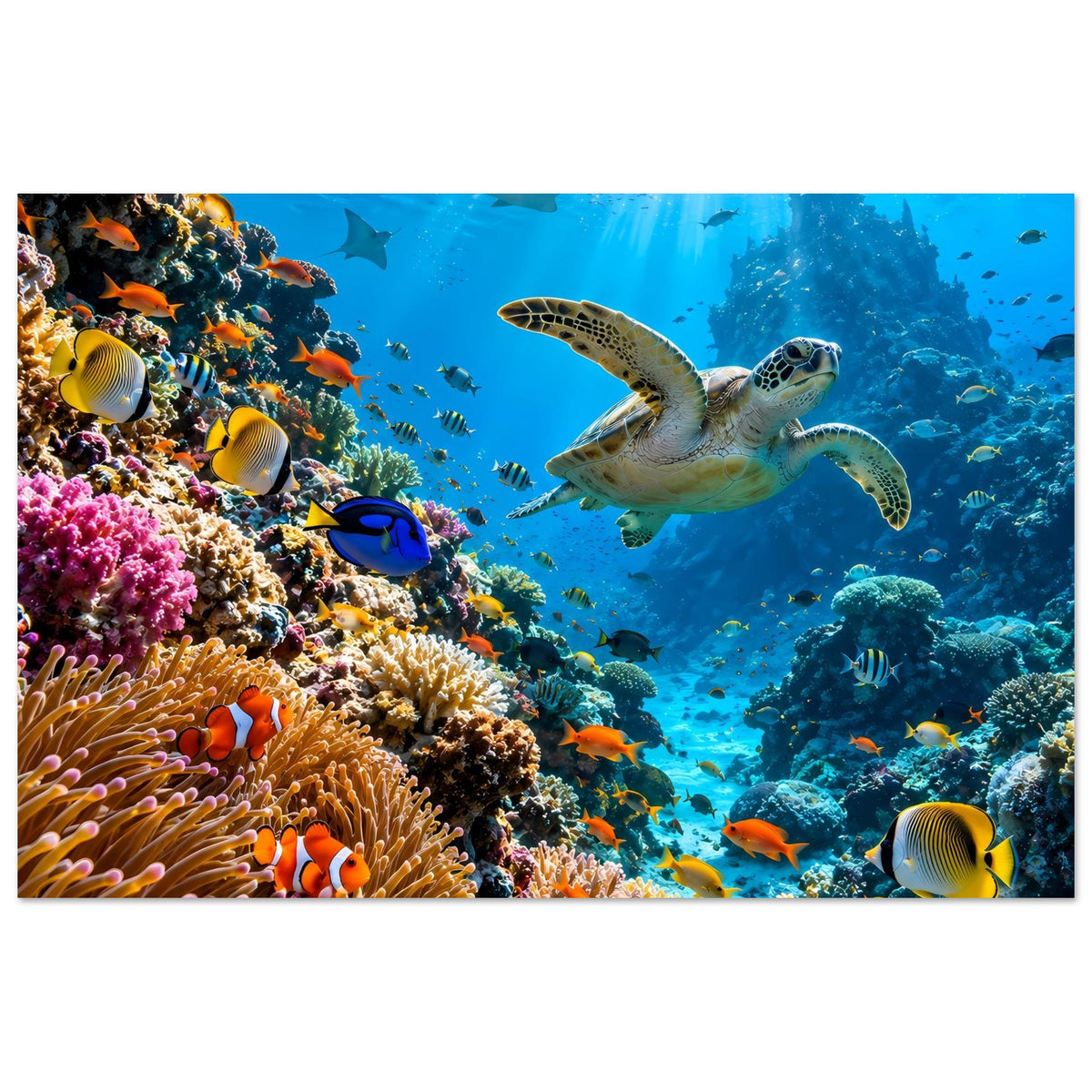 Meerposter: große Schildkröte im Vordergrund, Korallen und bunte Fische