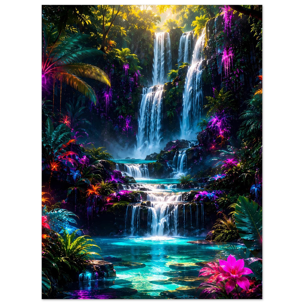 Neon-Regenwald-Wasserfall-Poster mit mehrstufigem Wasserfall, türkisfarbenem Becken und pinker Blume