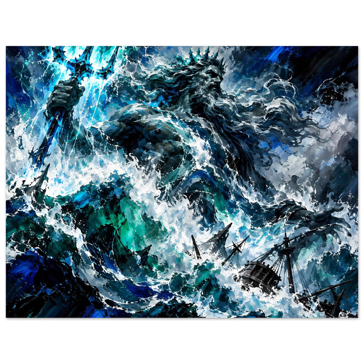 Meeressturm-Poster: Poseidon-ähnliche Figur, Blitze, starke Strömungen und Schaumwellen