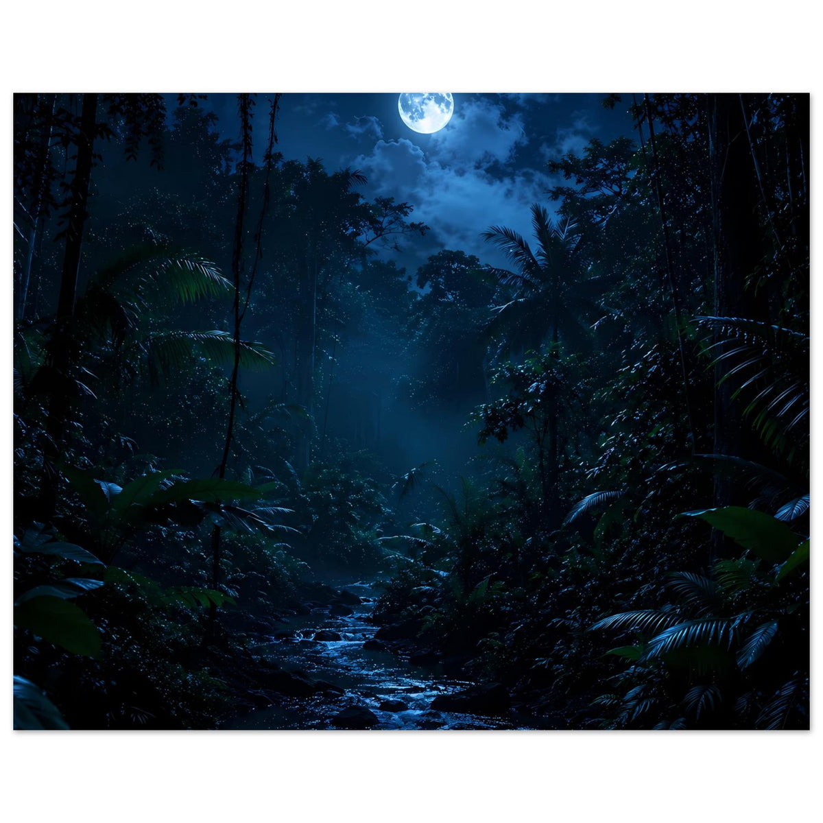Gerahmtes Poster mit Vollmond über tropischem Waldweg und schimmerndem Pfad im Blau
